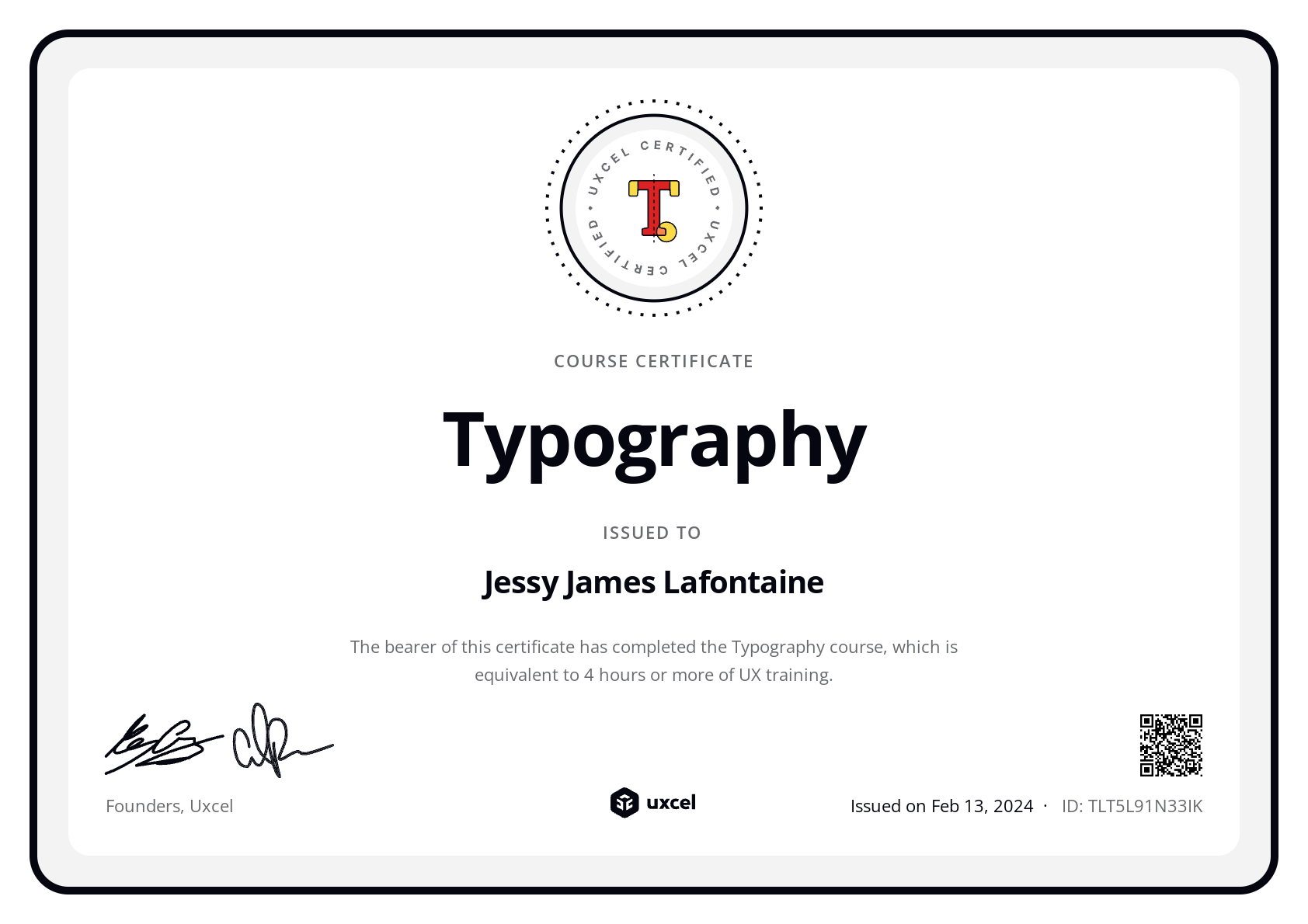 Jessy James Lafontaine's certificate